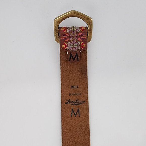 Lucky Brand Embroidered Leather Belt Purple Flowers on Brown Size M - Picture 2 of 8